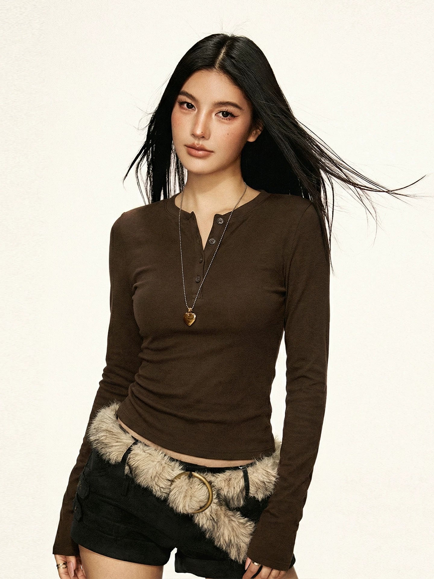 Cherry Melody Cropped Ribbed Henley Long-Sleeve Tee