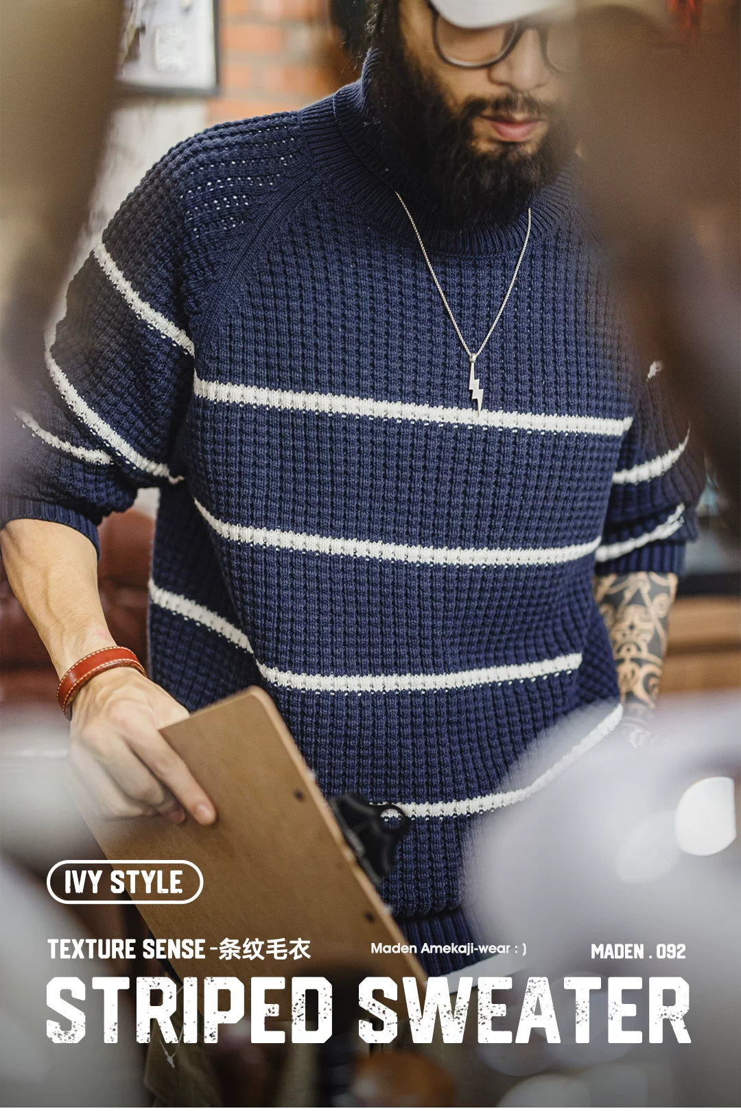 Madden retro striped shoulder sleeve sweater turtleneck knitted sweater