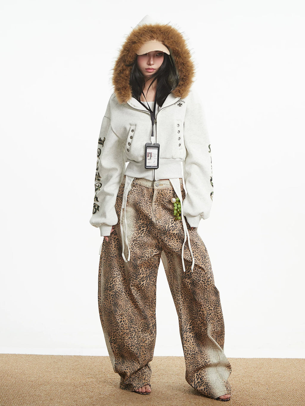UNCMHISEX Fur-neck Letter-embroidered Short Cardigan Jacket