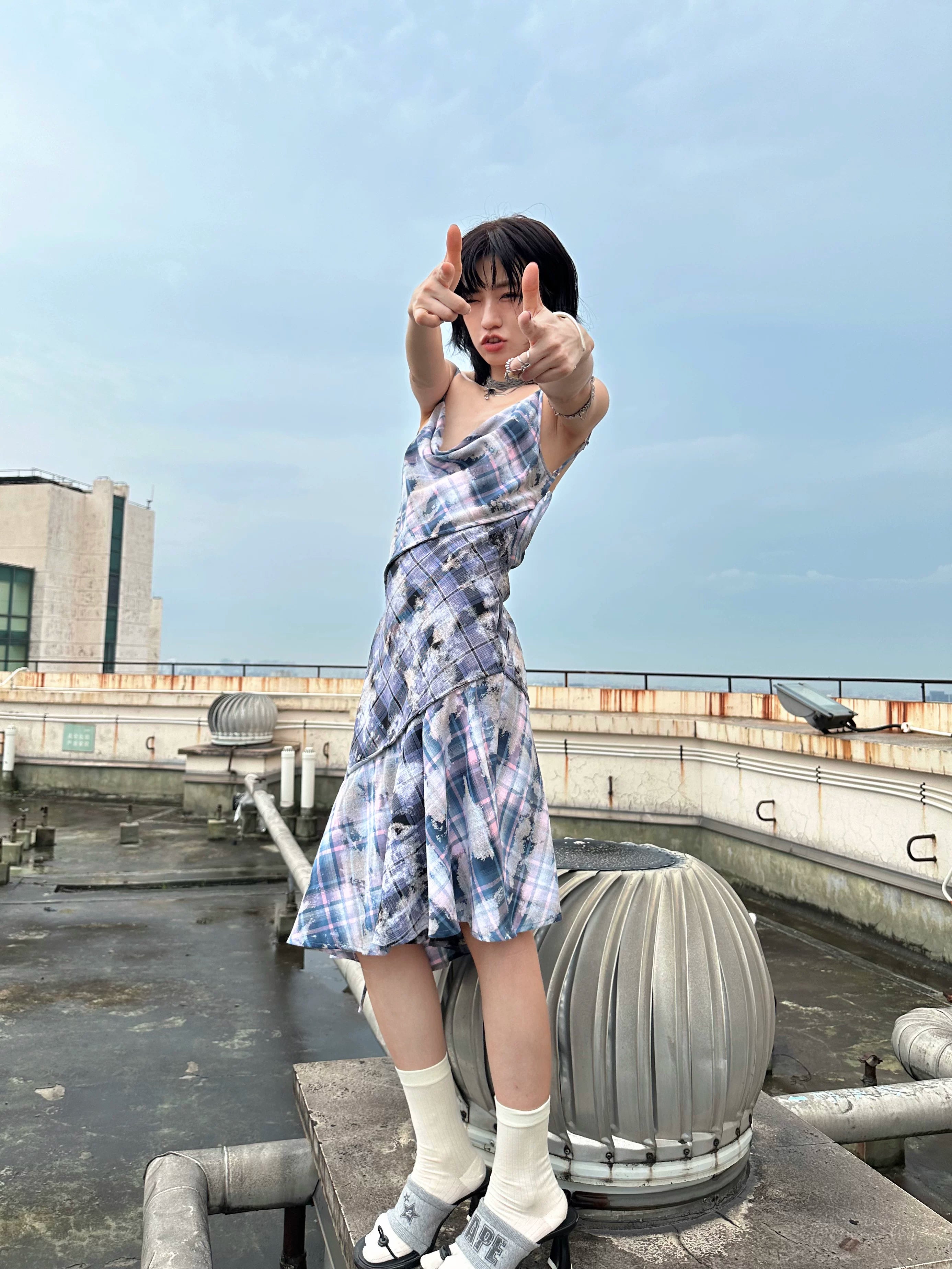 Enteralt Plaid Stitching Drawstring Lace-up Dress