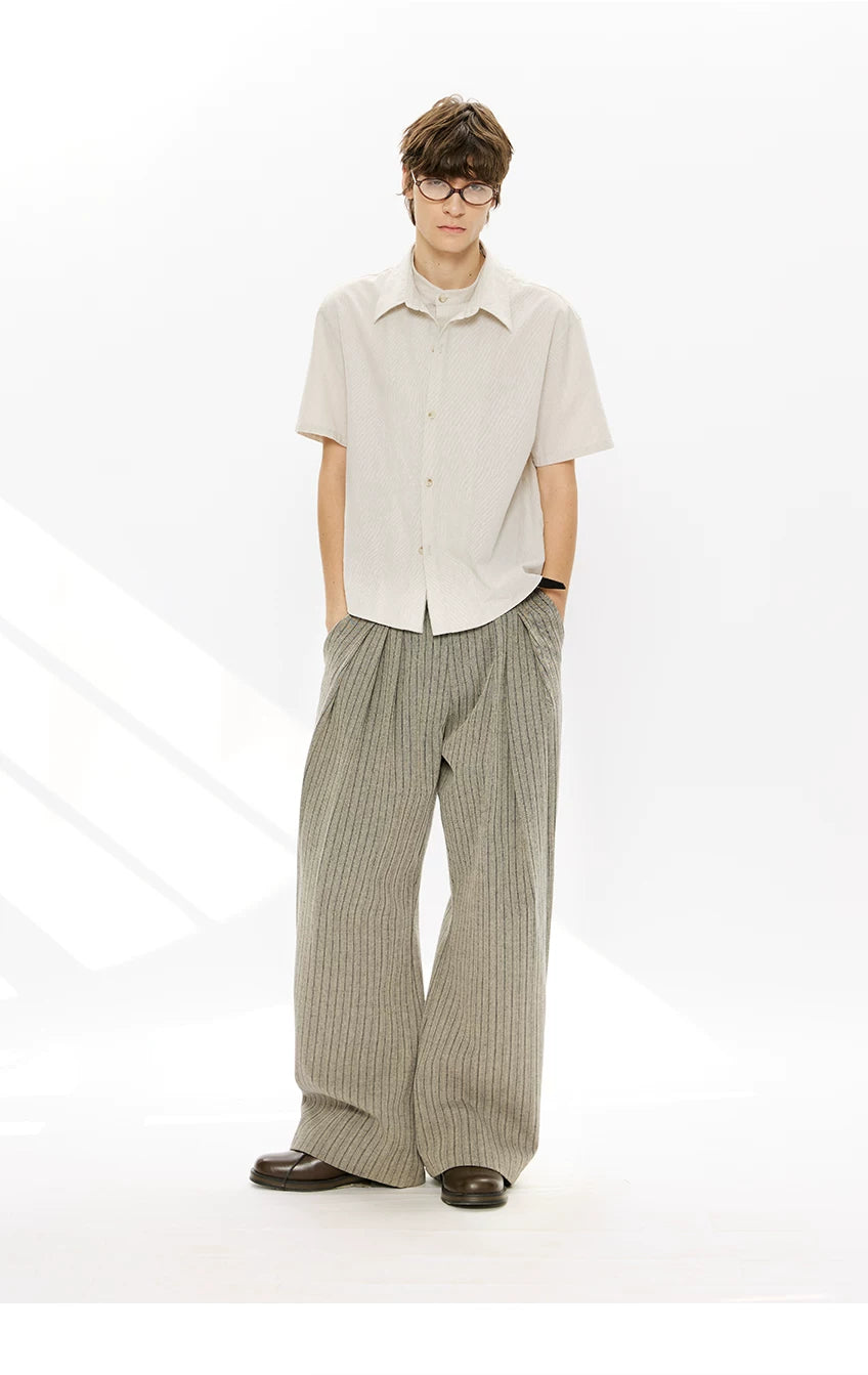 KREATE Striped Linen Pleated Texture Drape A Word Casual Trousers
