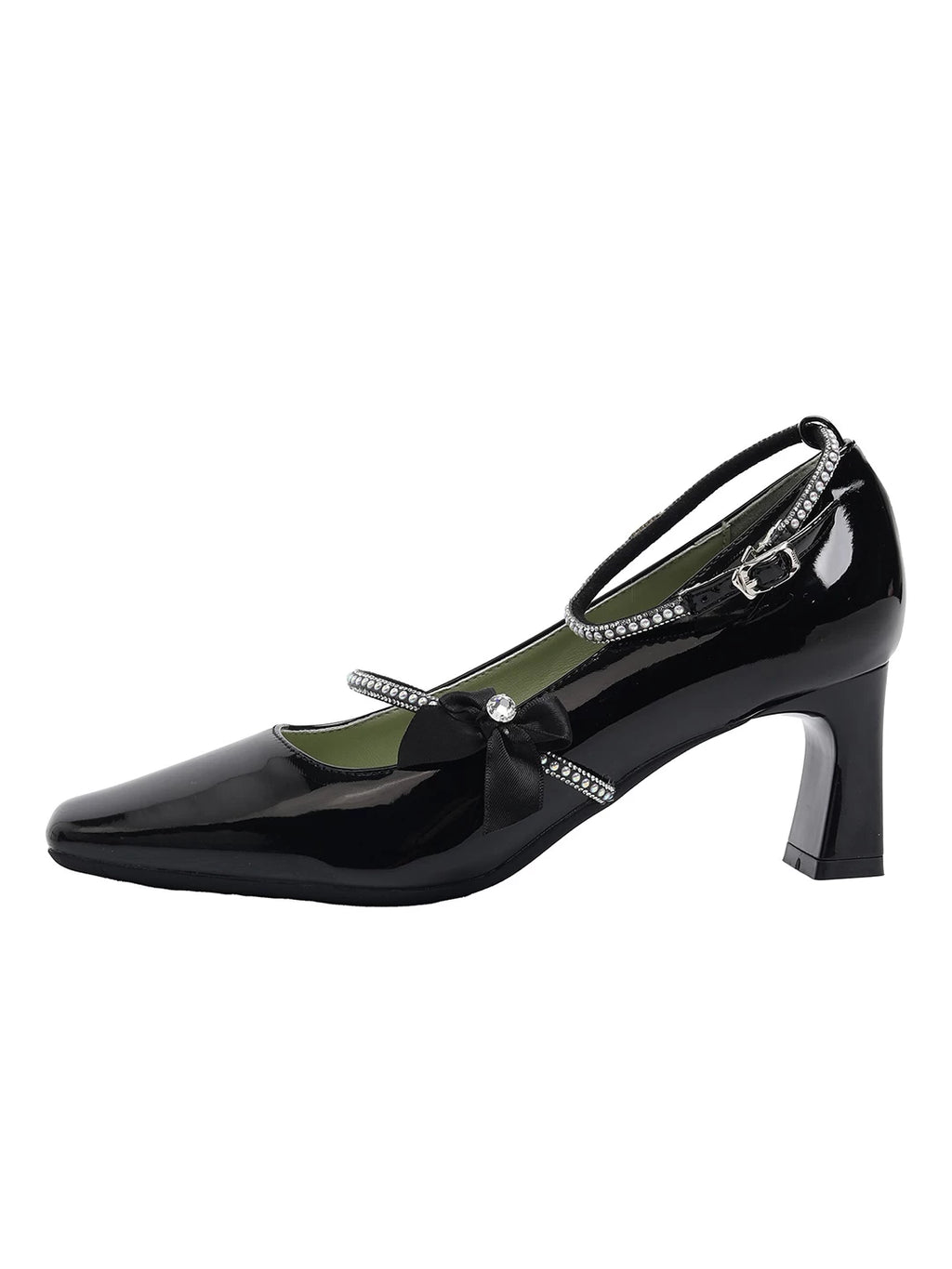 CHRNDXEE Retro Bow Rhinestone One-word Strap High-heeled Shoes