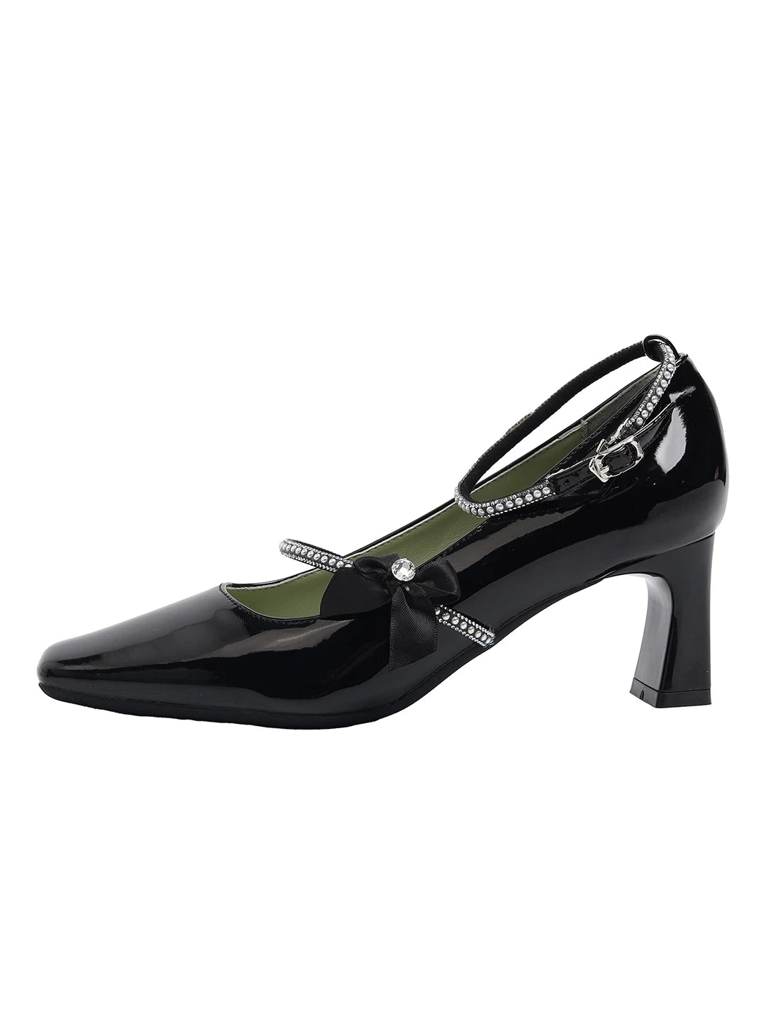 CHRNDXEE Retro Bow Rhinestone One-word Strap High-heeled Shoes
