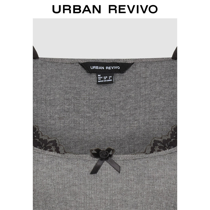 URBAN REVIVO Stitching Lace Bow Decorative Tee