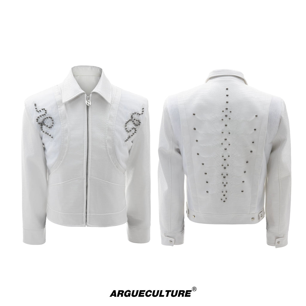 ArguECulturE Snakeskin Stitching Embroidered Slim-fit Leather Jacket