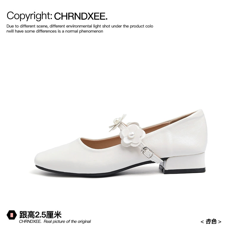 CHRNDXEE Flower Retro Soft Leather Thick Heel Light Mouth Single Shoes