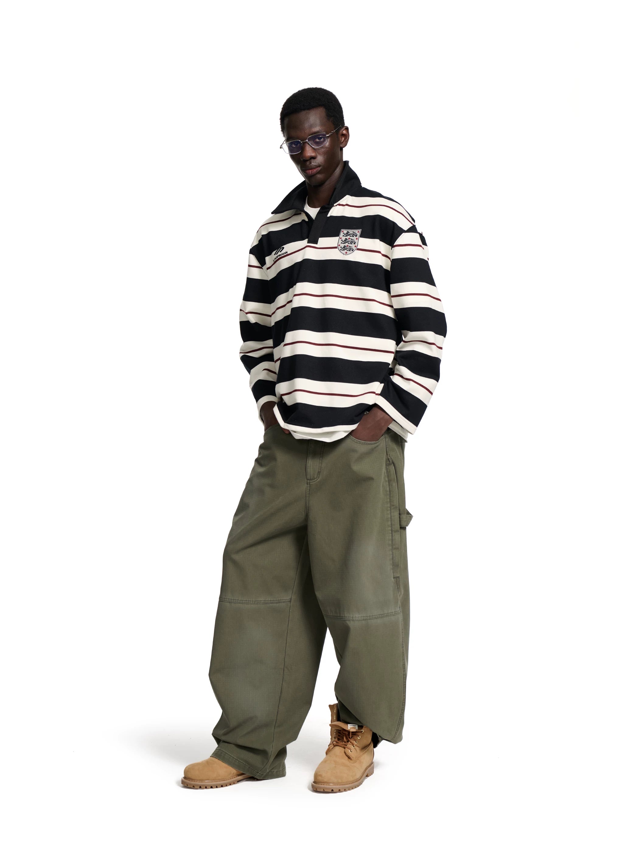 Loopsoon Striped Contrast Lapel Embroidered English Loose Sweatshirt