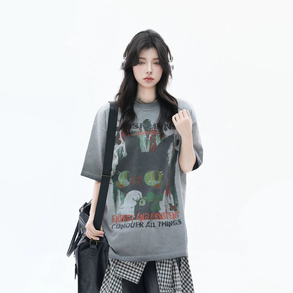 Zuocisankon Oversize Cute Cat Graffiti Print Tee
