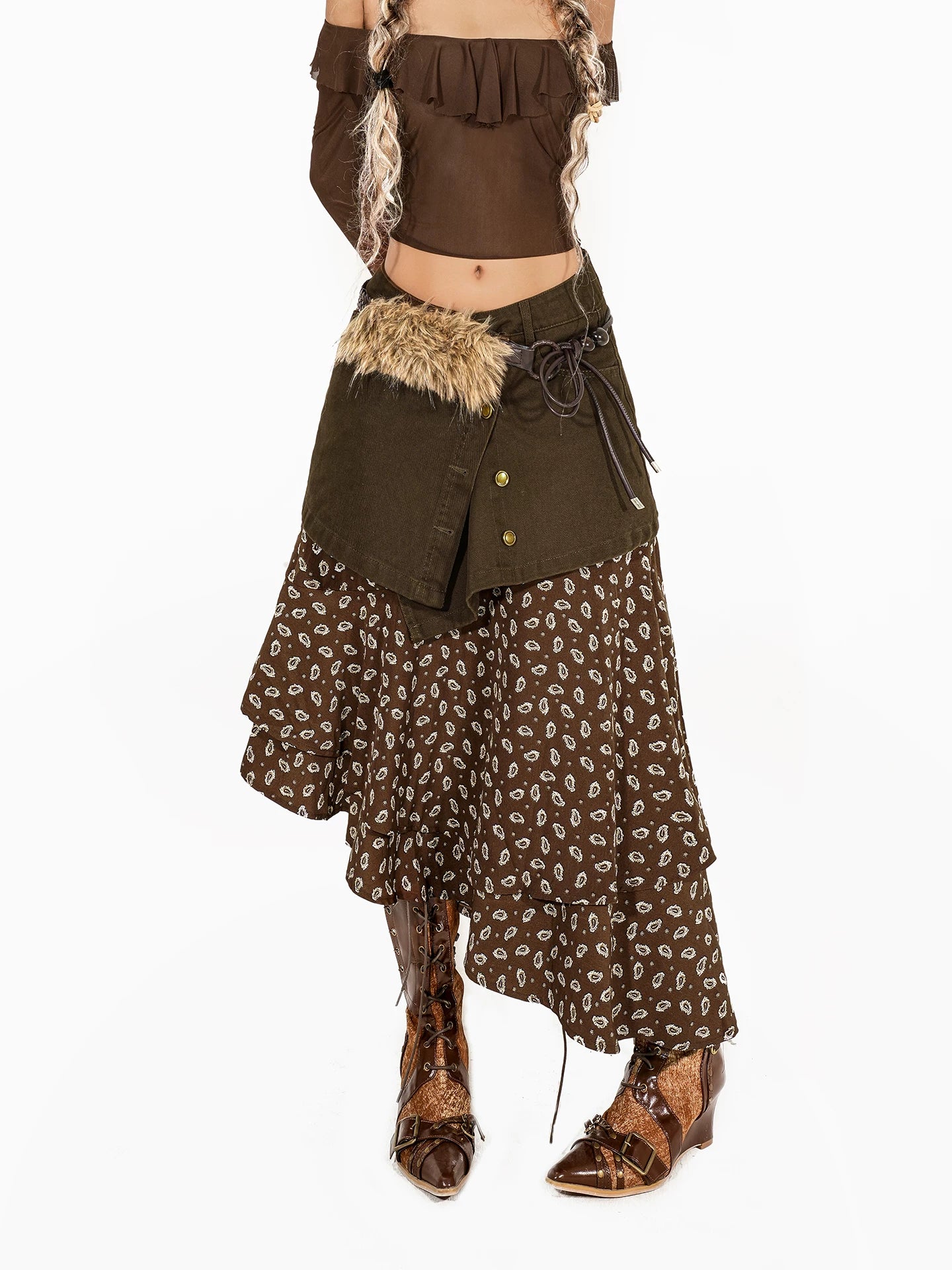 Arielink Vintage Layered Patchwork Irregular Denim Skirt