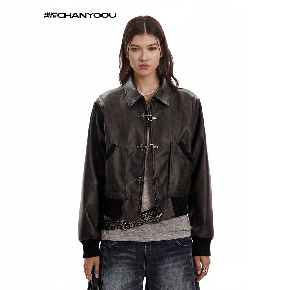 CHANYOOU Vintage Plane Buckle Leather Jacket