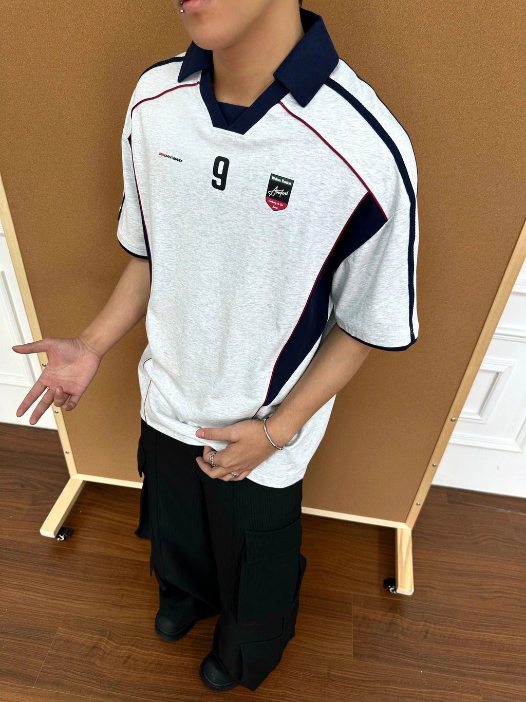 (Clearance) BeOurRule Splicing Letter Print Loose Polo Collar Tee