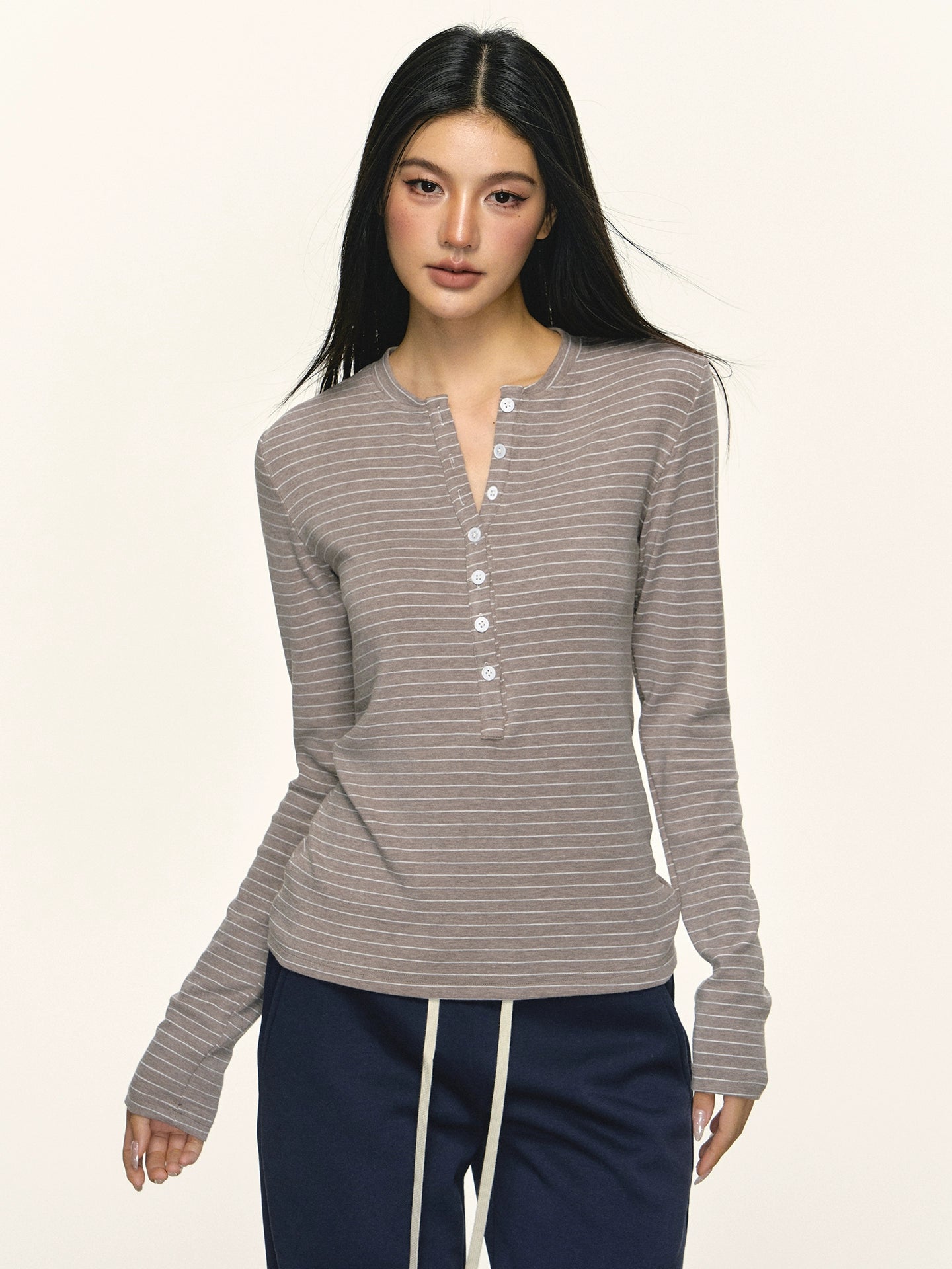 Anna Aneae Henry Collar Stripe with Long Sleeves Underneath