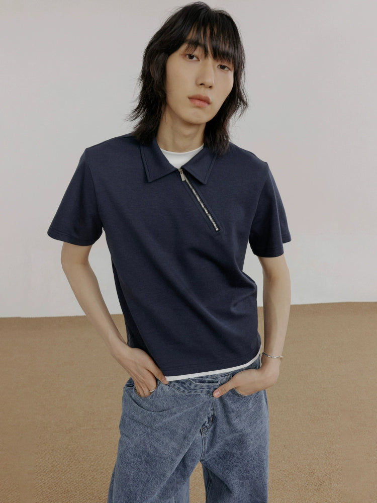 COLN Oblique Zipper Semi-open Neck Short-sleeved Polo Shirt