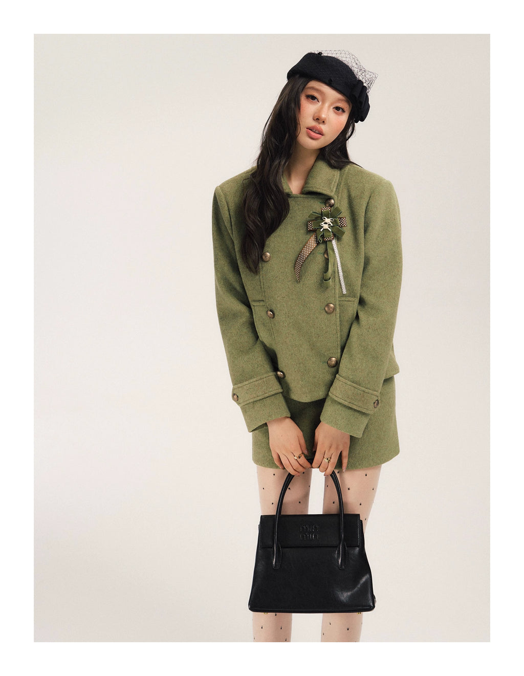 SASSY MOODY Retro Double-breasted Woolen Jacket A-shaped Skirt Set