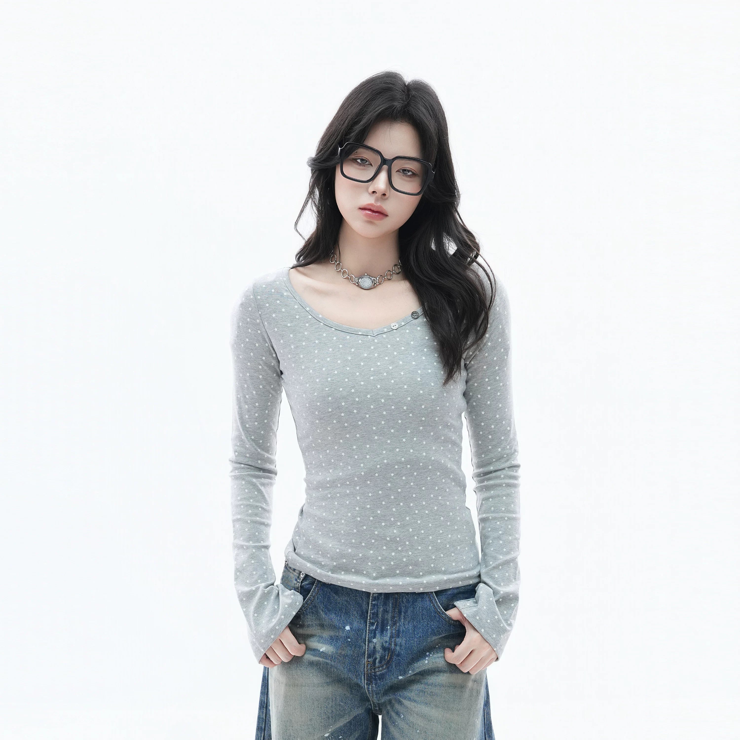 Zuocisankon Full Printed Star Horn Sleeve Short Slim Long Sleeve