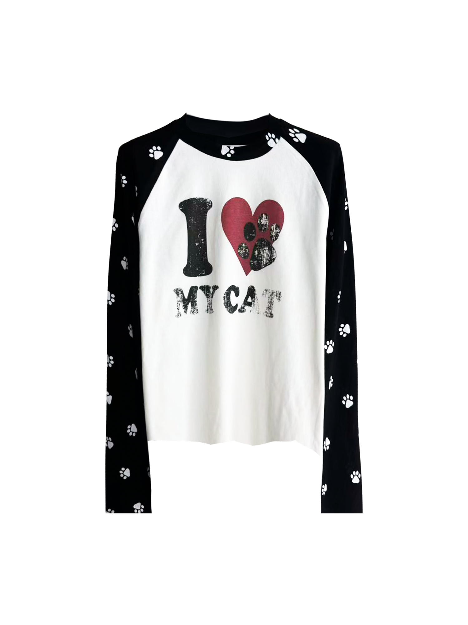 DETW Love Cat Print Splicing Round Neck Long Sleeve