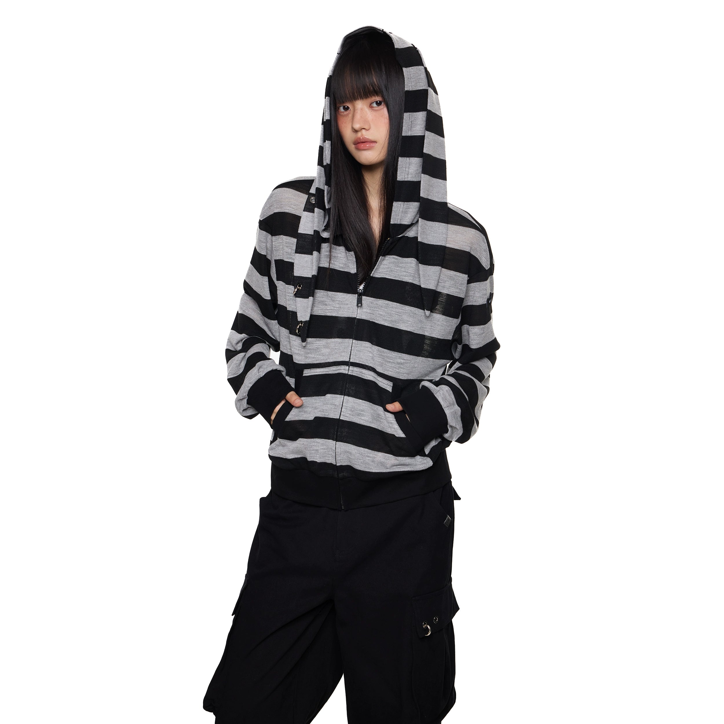 EZEK Rabbit Ear Striped Hooded Light Long-sleeved Cardigan