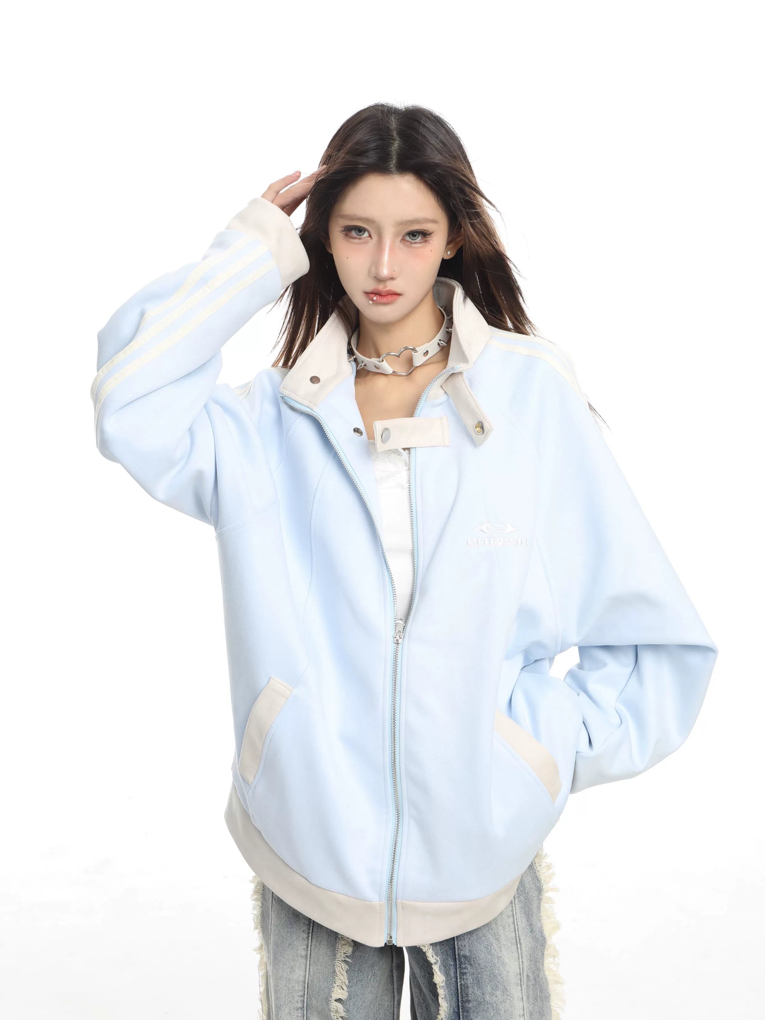KDASE Stand-up Collar Suede Embroidered College Baseball Jersey