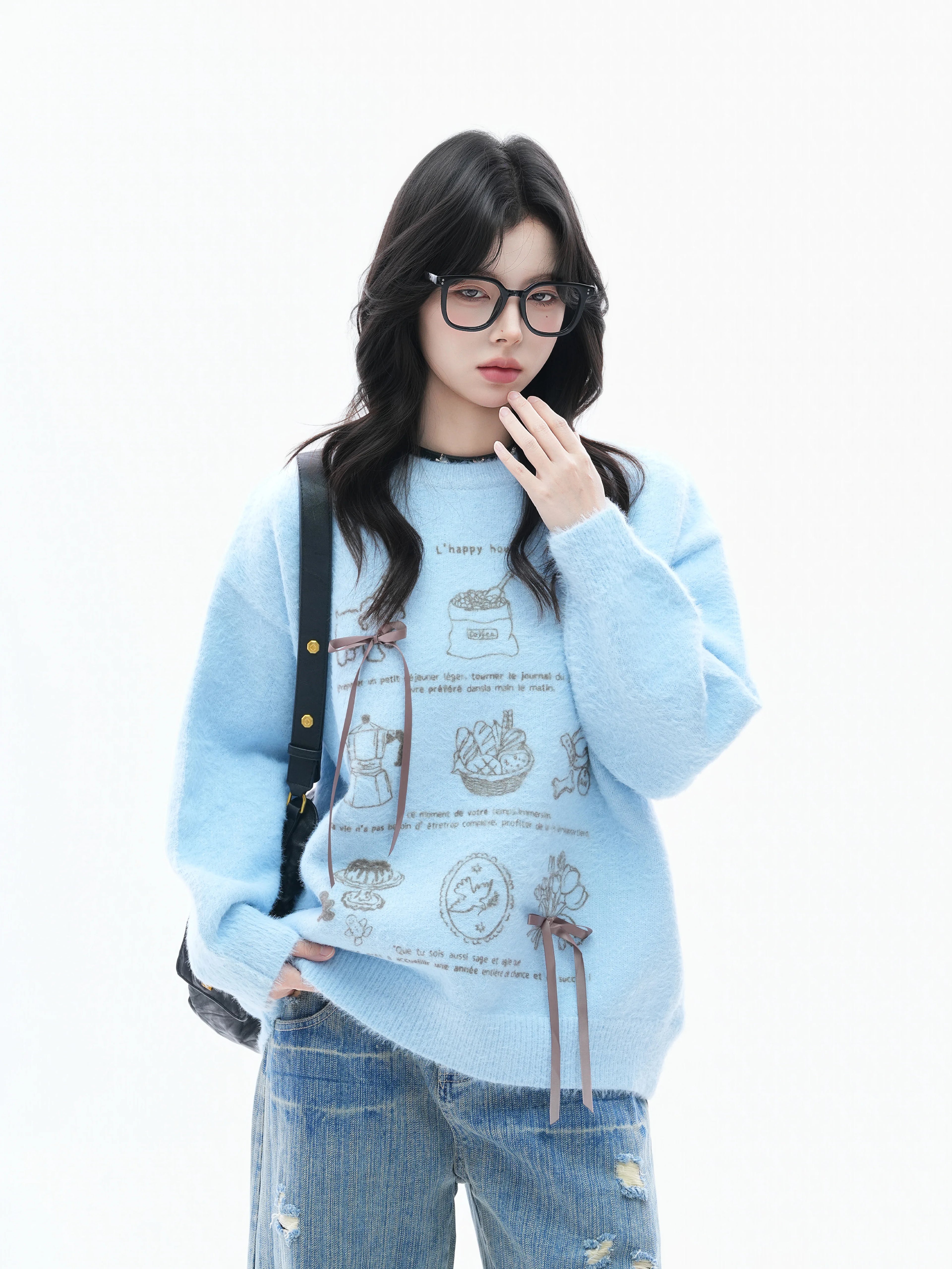 Zuocisankon Soft Waxy Knitted Bow Jacquard Sweater