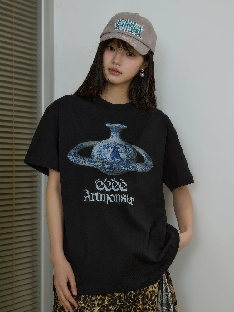 EeeeArtMonster Spoof Loose Vintage Blue and White Porcelain Printed Tee