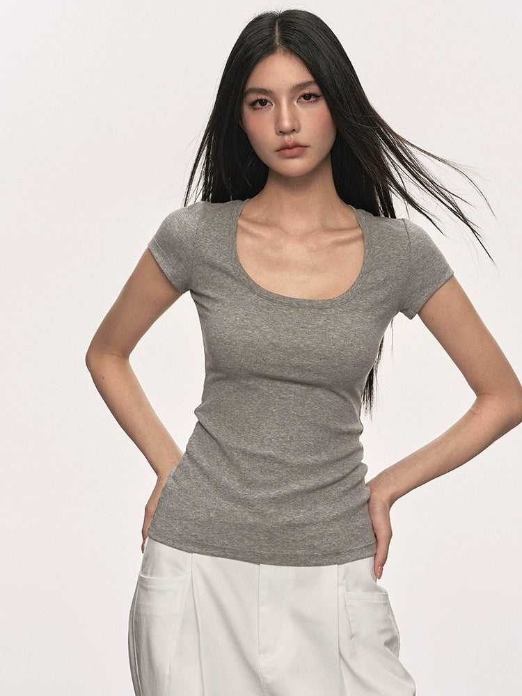 Anna Aneae Front Shoulder U Neck Slim Fit Simple Tee