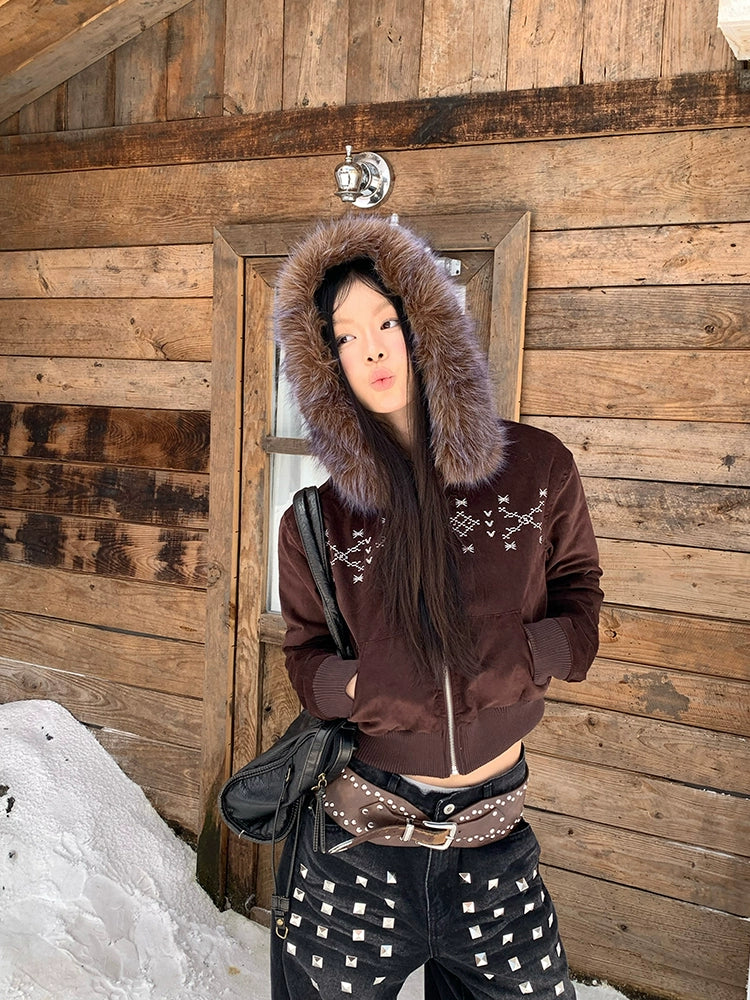 EAHO Retro Fur Collar Padded Short Hooded Sweater
