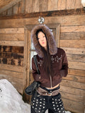 EAHO Retro Fur Collar Padded Short Hooded Sweater