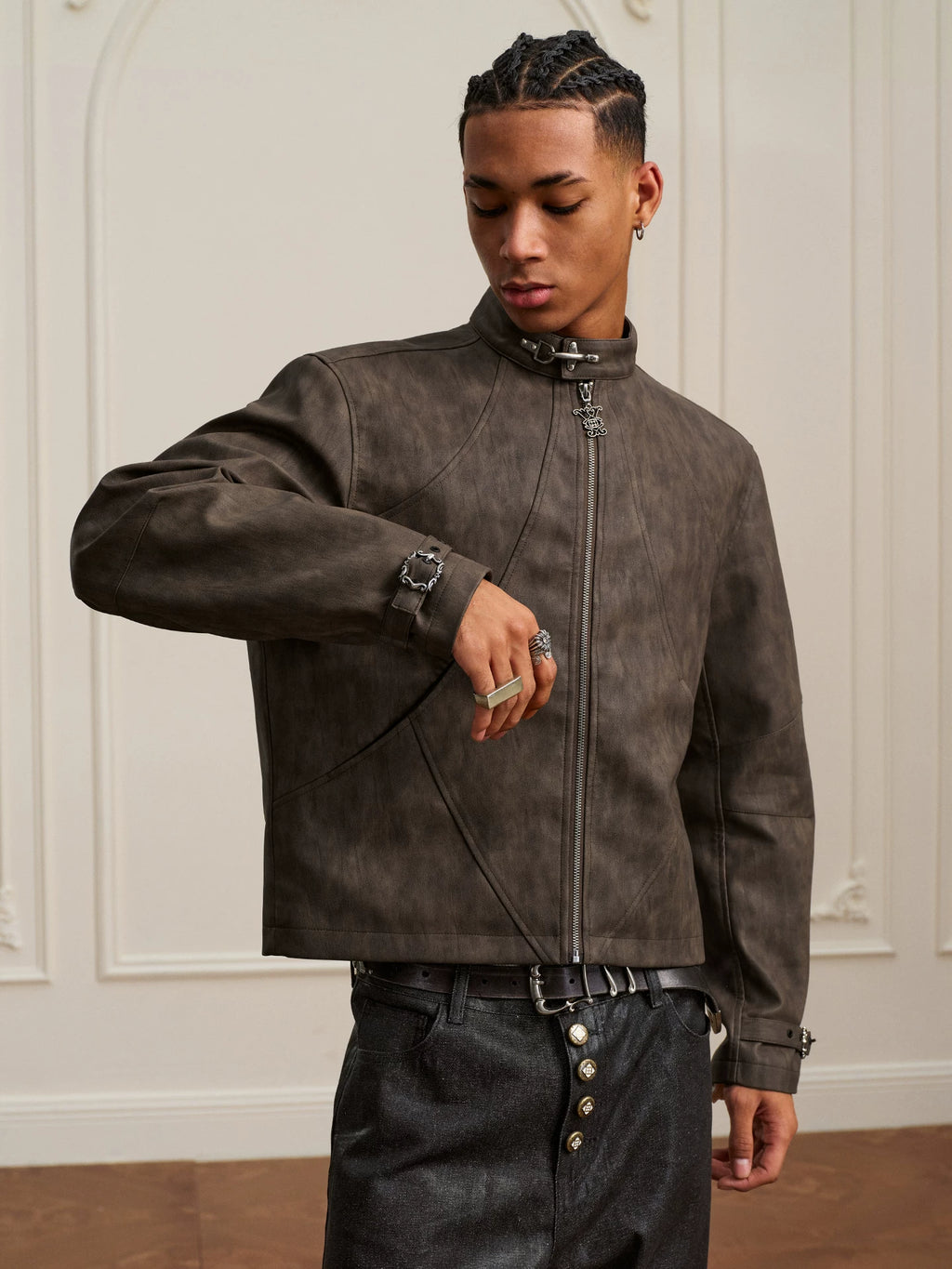 YADcrew Washed Mottled Aircraft Buckle Scimitar Locomotive Leather Jacket