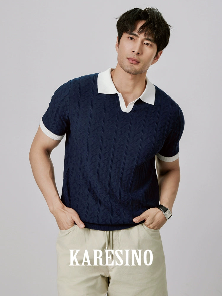 KARESINO Jacquard V-neck Contrasting Splicing Polo Shirt