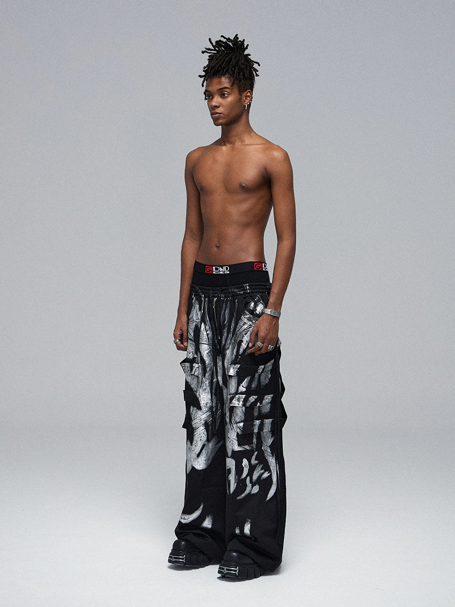 DND4DES Deconstruction Wind Heavy Industry Brush Silver Streamer Drawstring Overalls
