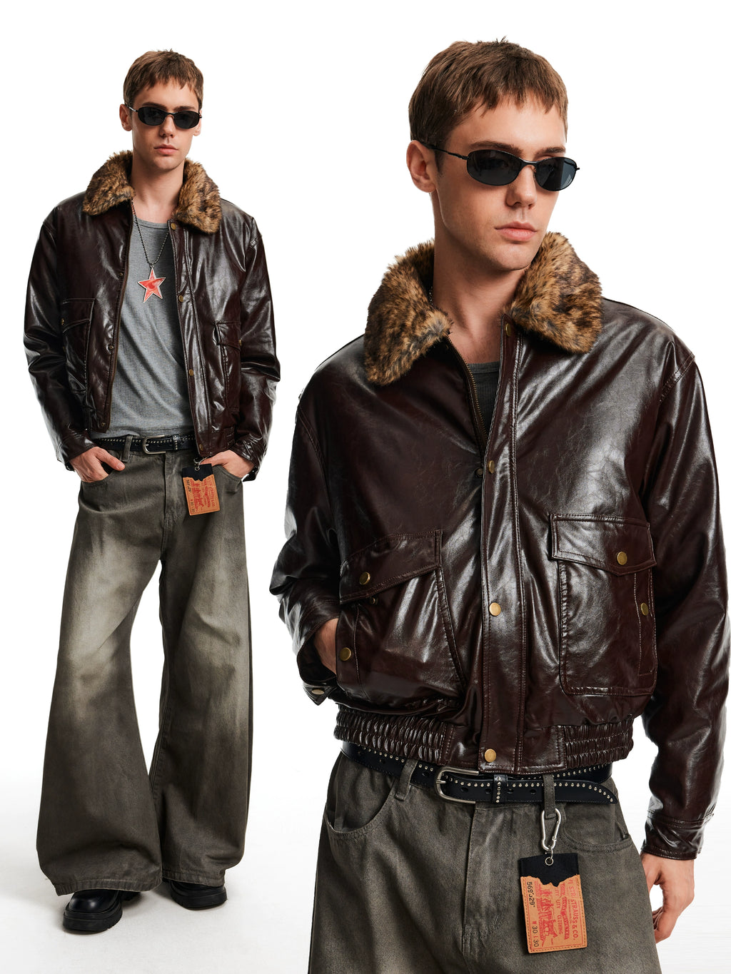 MADWITCH Retro Stitching Fur Collar PU Leather Jacket Cotton Jacket