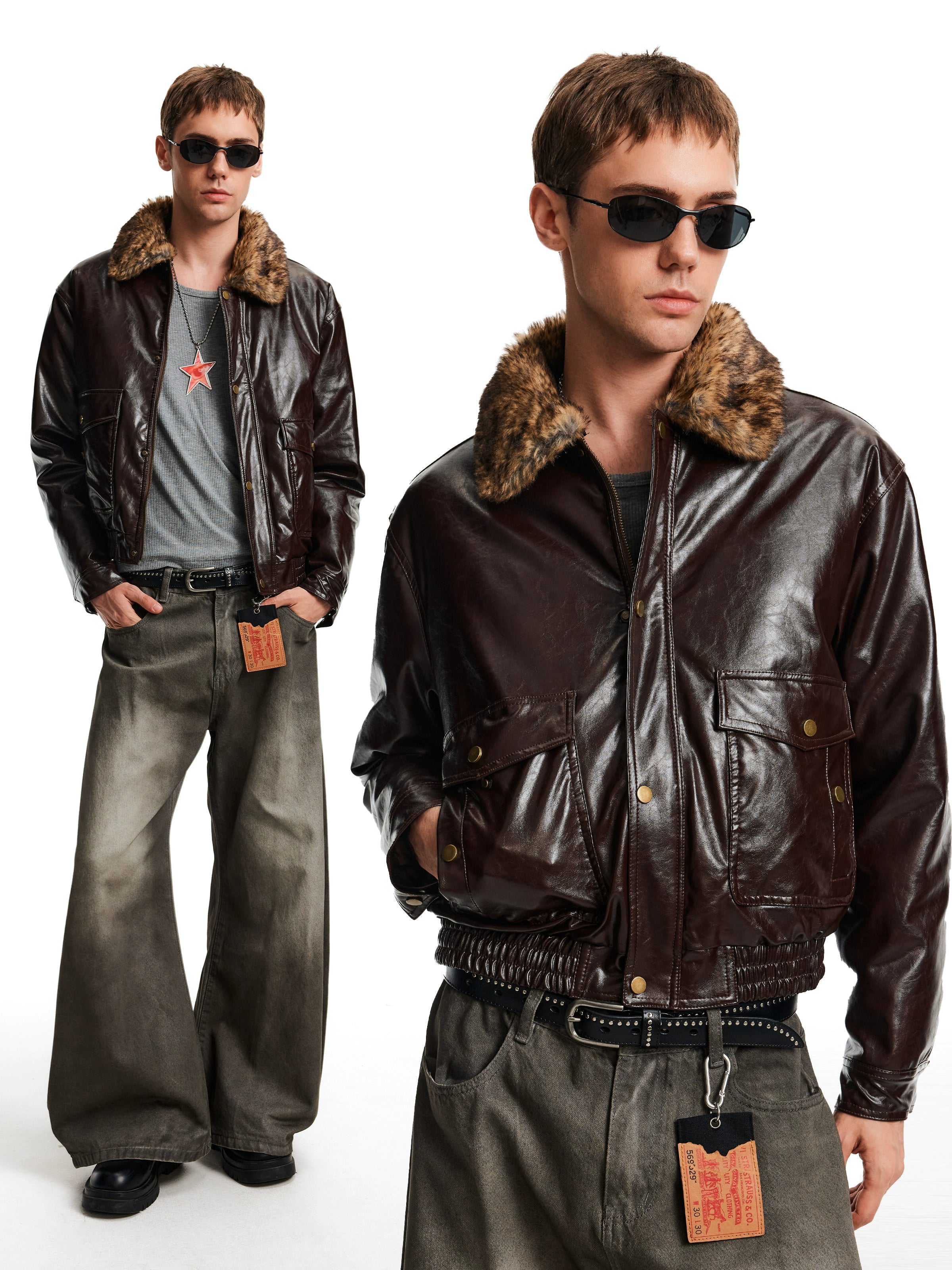 MADWITCH Retro Stitching Fur Collar PU Leather Jacket Cotton Jacket