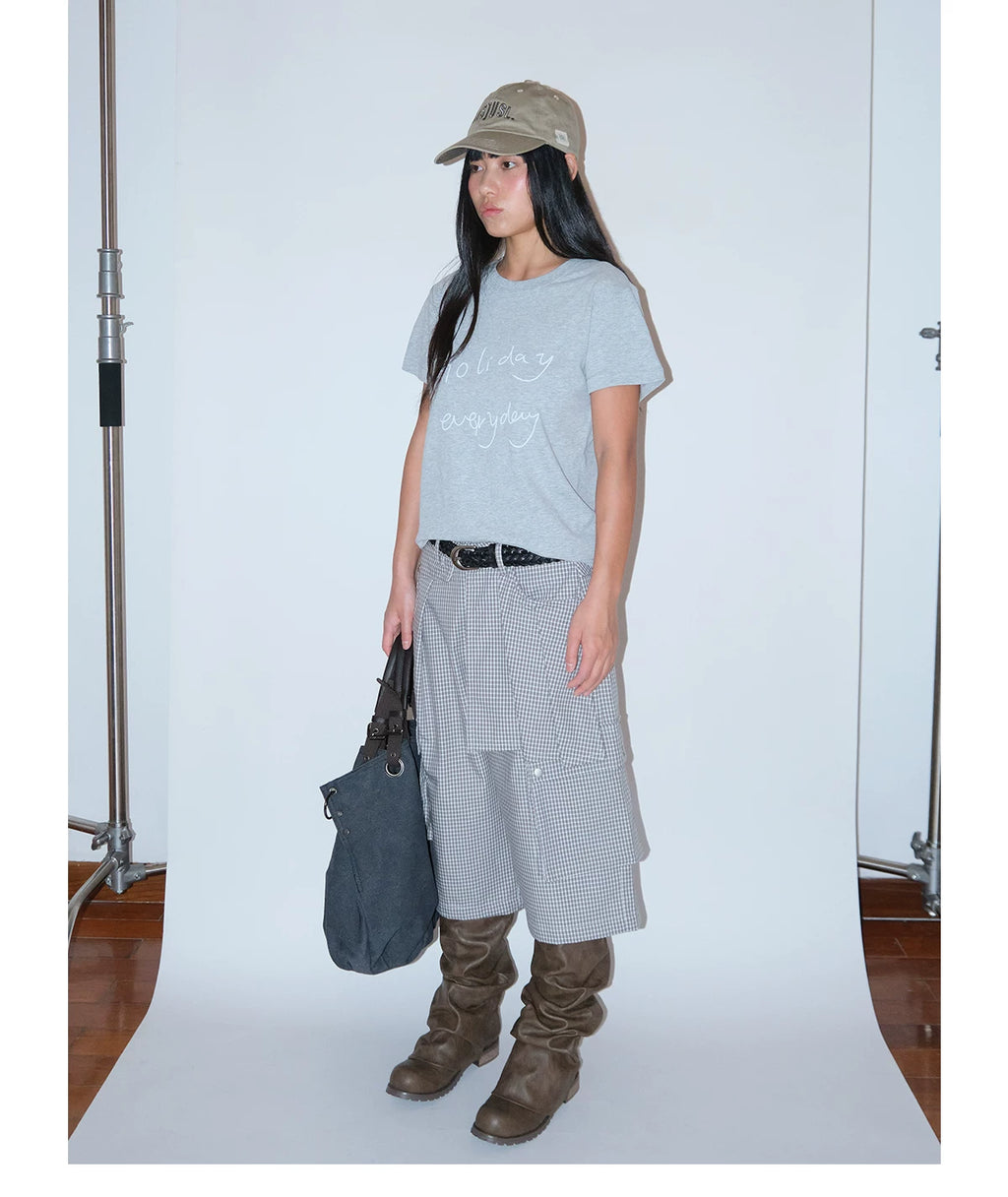 FUNKYFUN Plaid Multi-pocket Wide-leg Six-point Pants