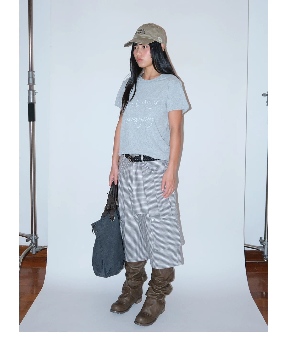 FUNKYFUN Plaid Multi-pocket Wide-leg Six-point Pants
