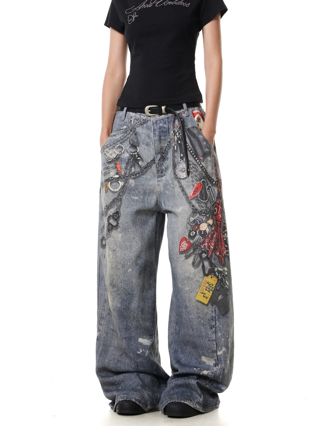 BTSG "Washed and old splashed ink 3D digital printing chain jeans"