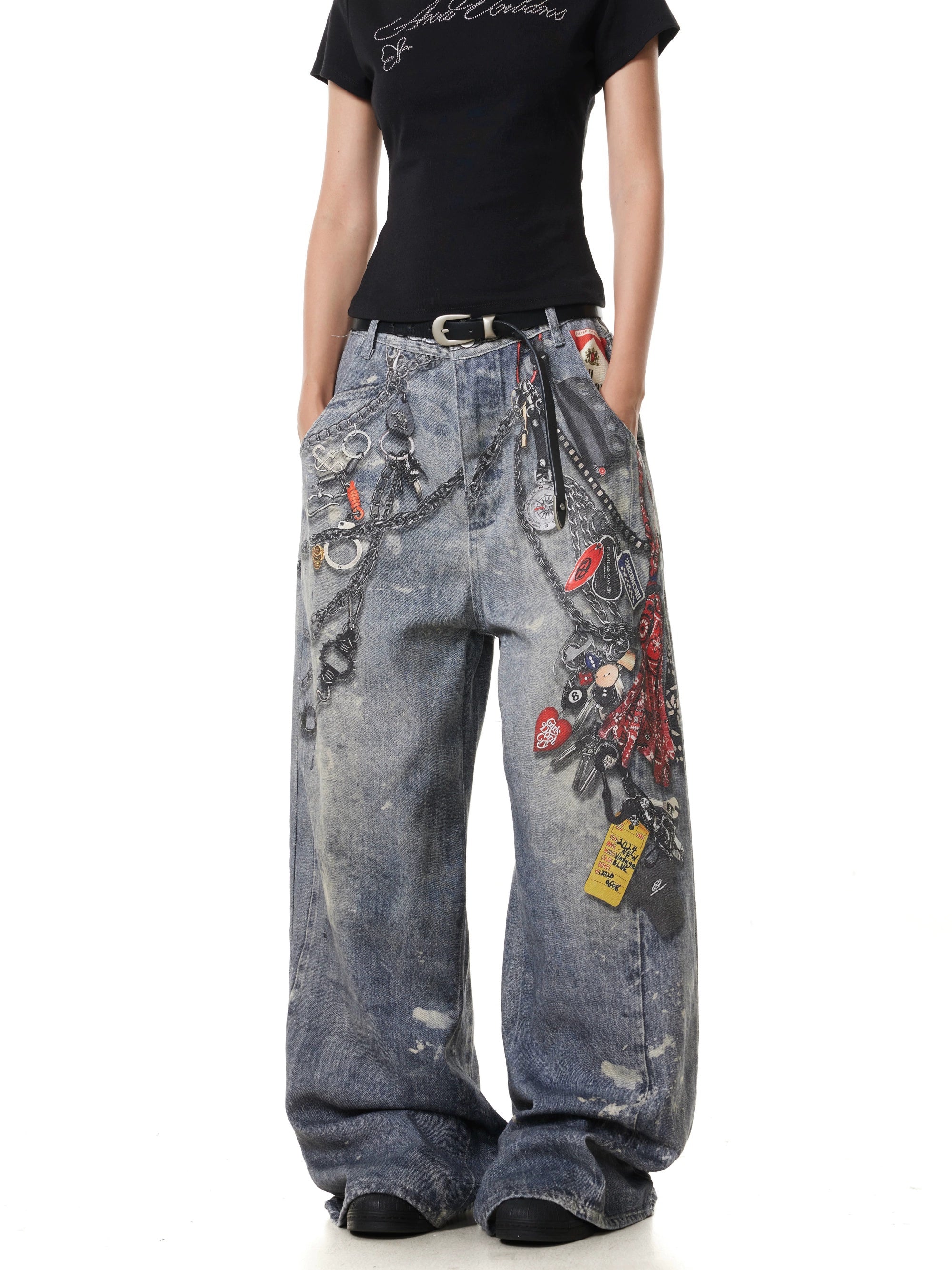 BTSG "Washed and old splashed ink 3D digital printing chain jeans"