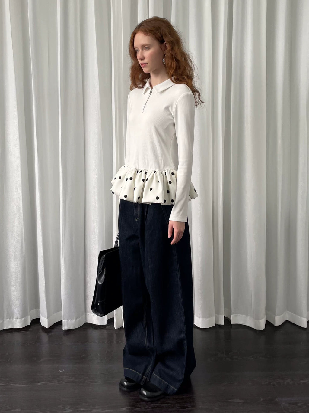 Loosesmell Slim Stitching Polka Dot Bud Hem Long Sleeve