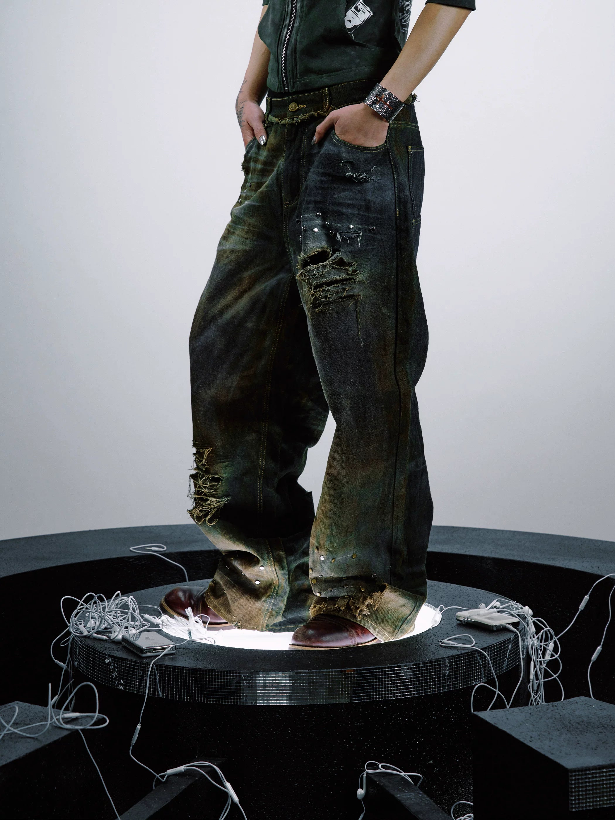 PAIKI Ripped Burr Straight Loose Jeans
