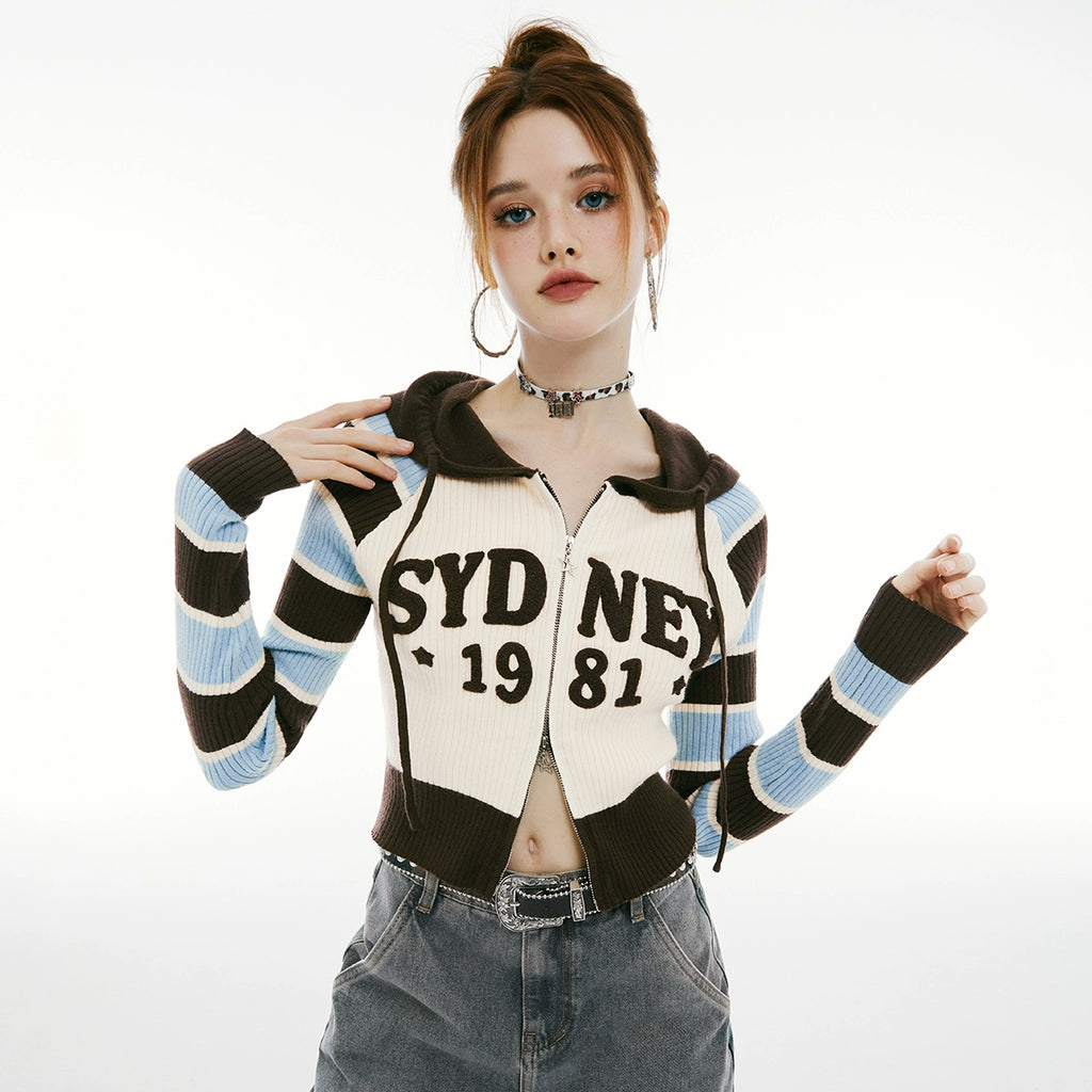 IMONE Vintage Contrast Striped Patch Embroidered Hooded Cardigan