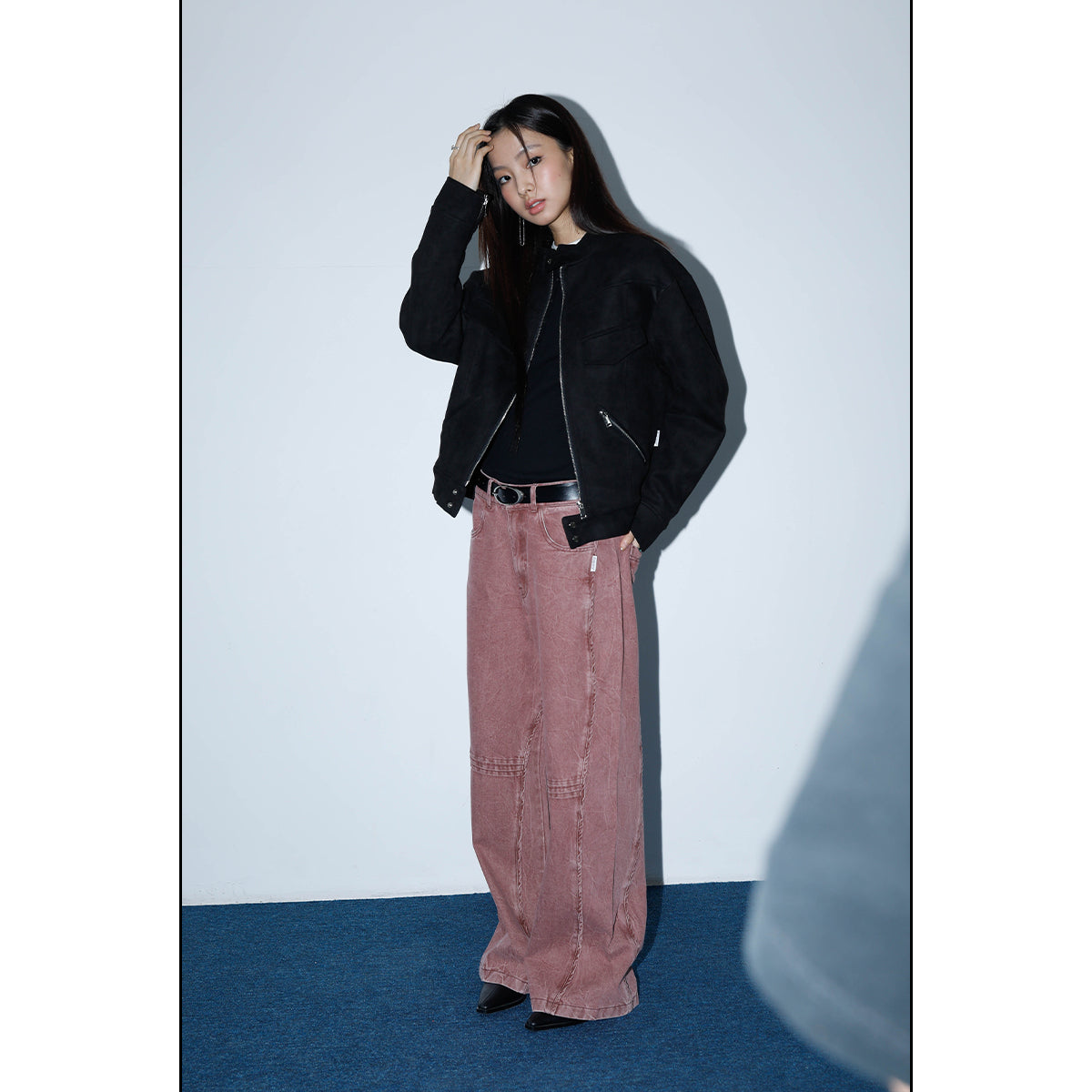 FUNKYFUN 2024AW black suede small stand-up neck zipper loose jacket jacket