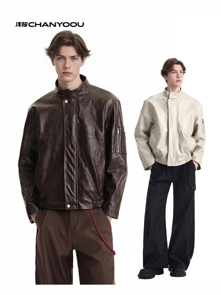 CHANYOOU Vintage Stand-up Collar Leather Jacket