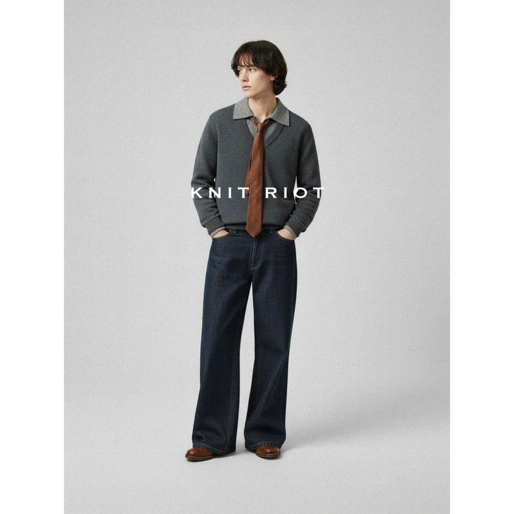 KNITRIOT Fake Two-piece Lapel Long-sleeved Knitted Sweater