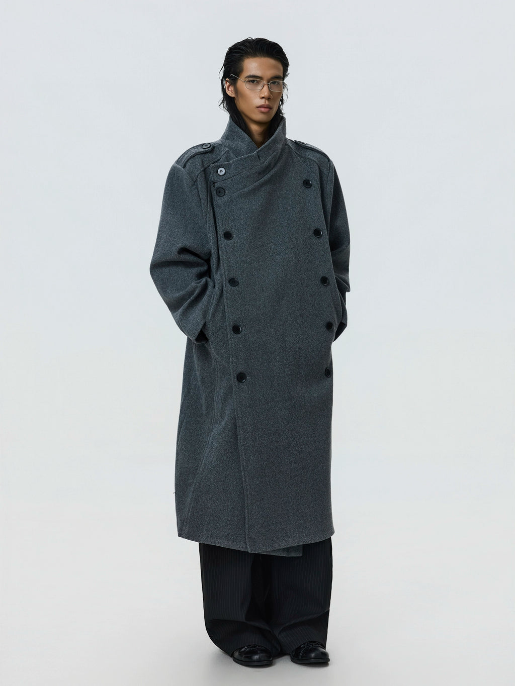 BTSG Double-breasted Stand-up Collar Long Woolen Coat