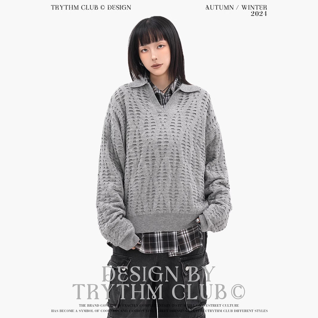TRYTHMCLUB V-neck Lapel Ripped-knit Sweater