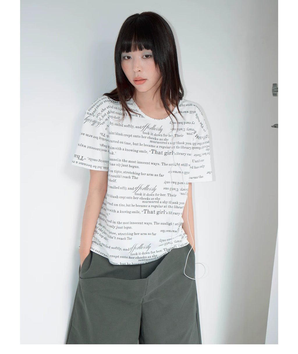 FUNKYFUN Full Print Poster Text Loose Casual Tee