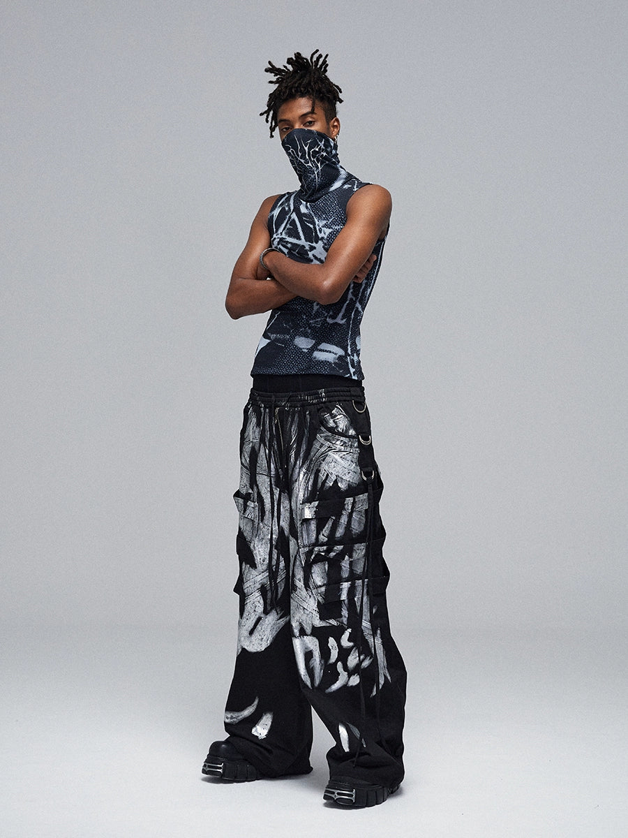 DND4DES Deconstruction Wind Heavy Industry Brush Silver Streamer Drawstring Overalls