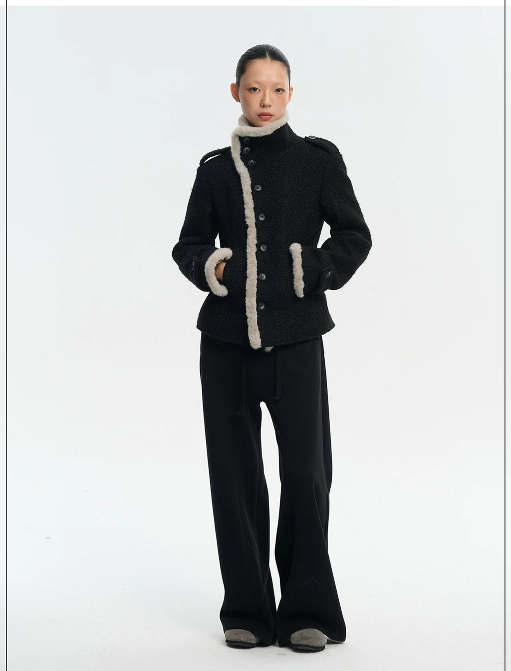 LINY LIBERTY Contrasting Top Stitching Stand-up Collar Woolen Jacket