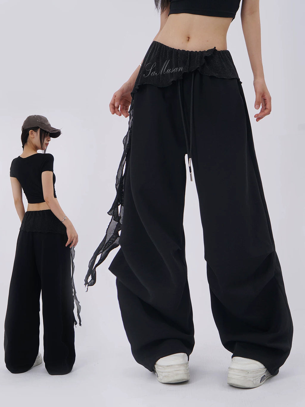 SAMUSAN Mesh Long Streamer Splicing Loose Wide-leg Pants