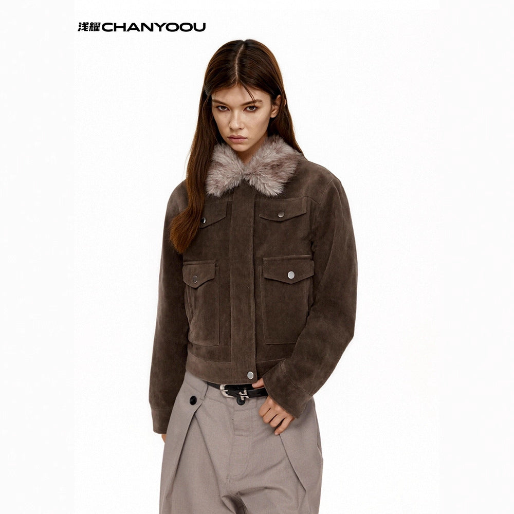 CHANYOOU Vintage Fur Collar Slim and Thin Jacket