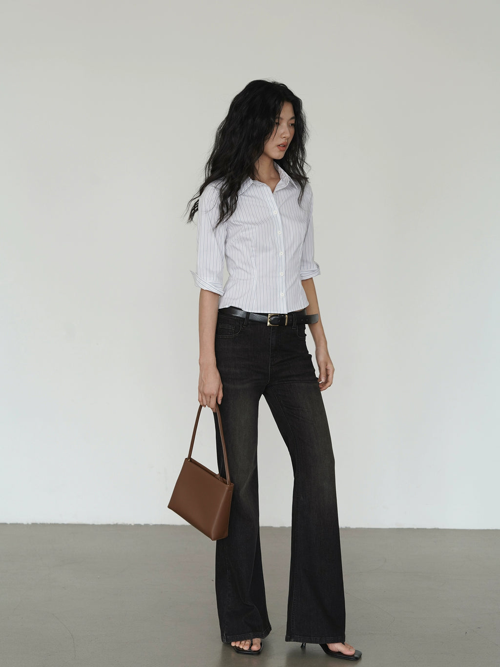 EIGHTHMONTH Striped Waist Mid-sleeved Shirt